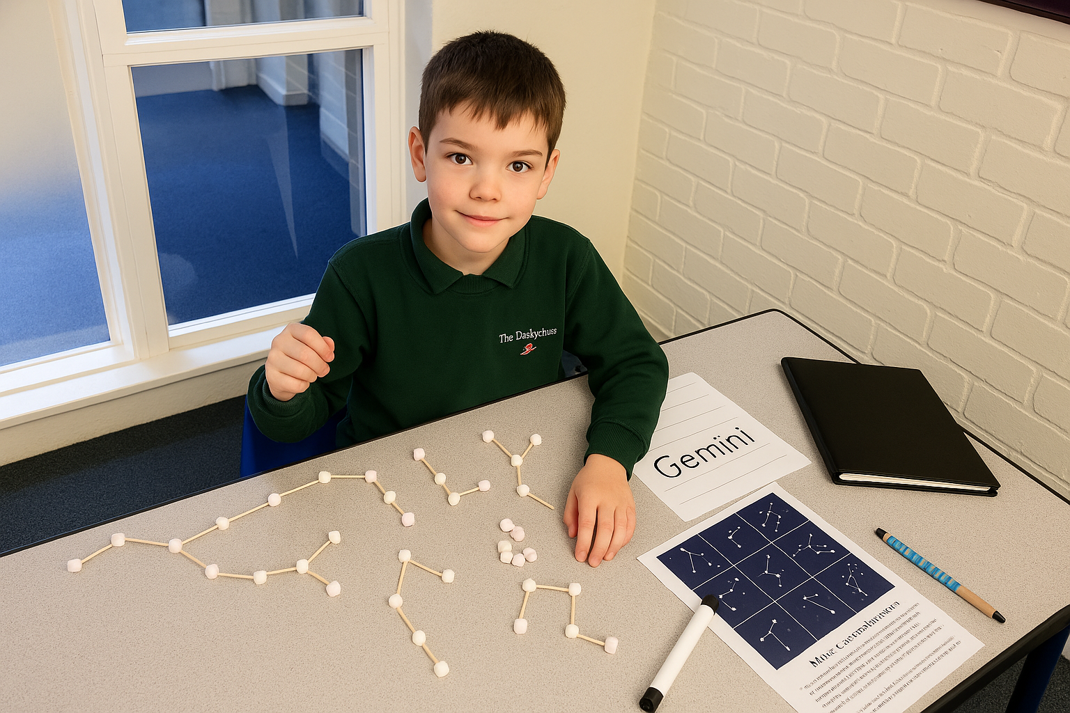student smiling showing work at desk